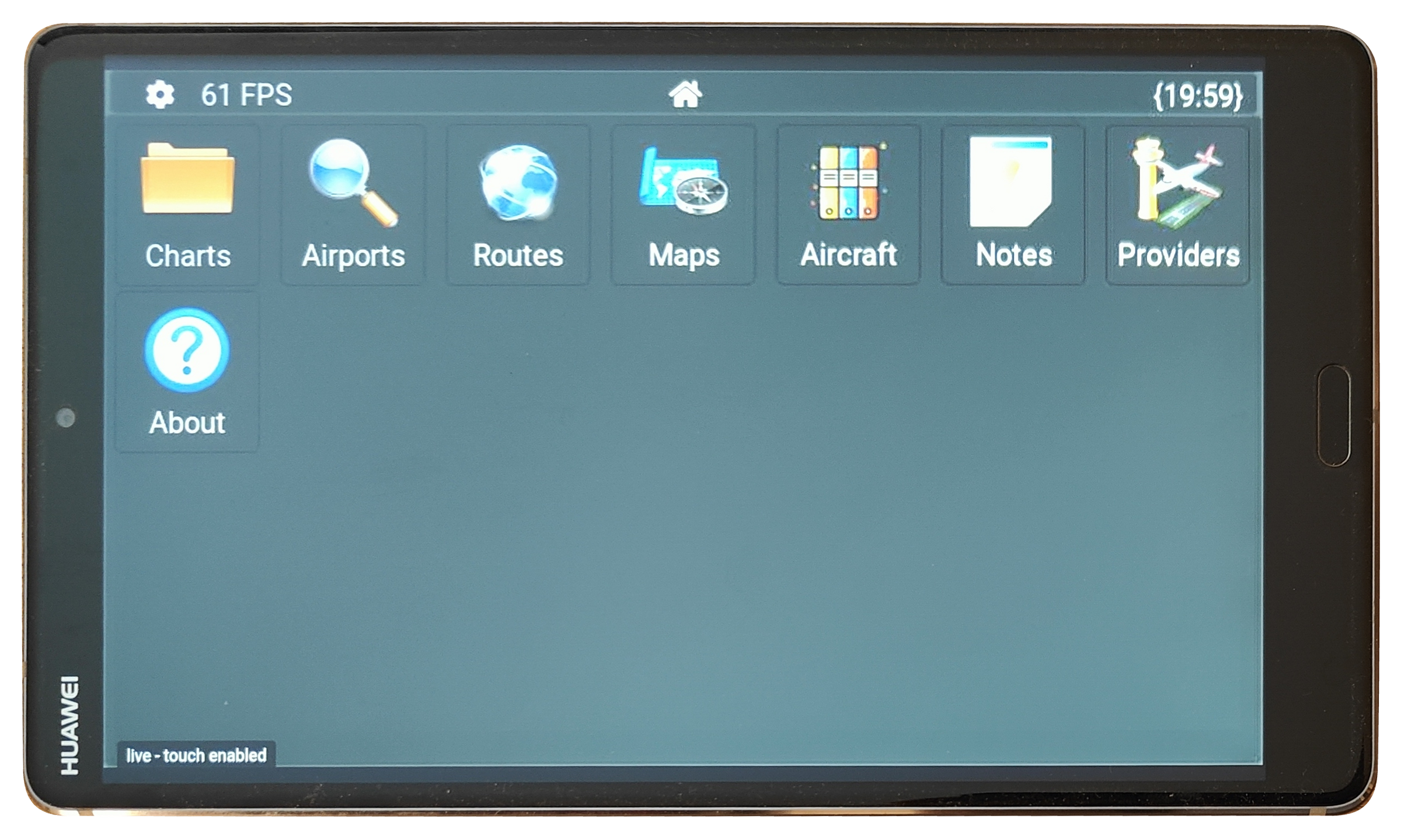 Photograph of Remote AviTab running on a Huawei tablet, showing AviTab’s home menu and touch-enabled indicator