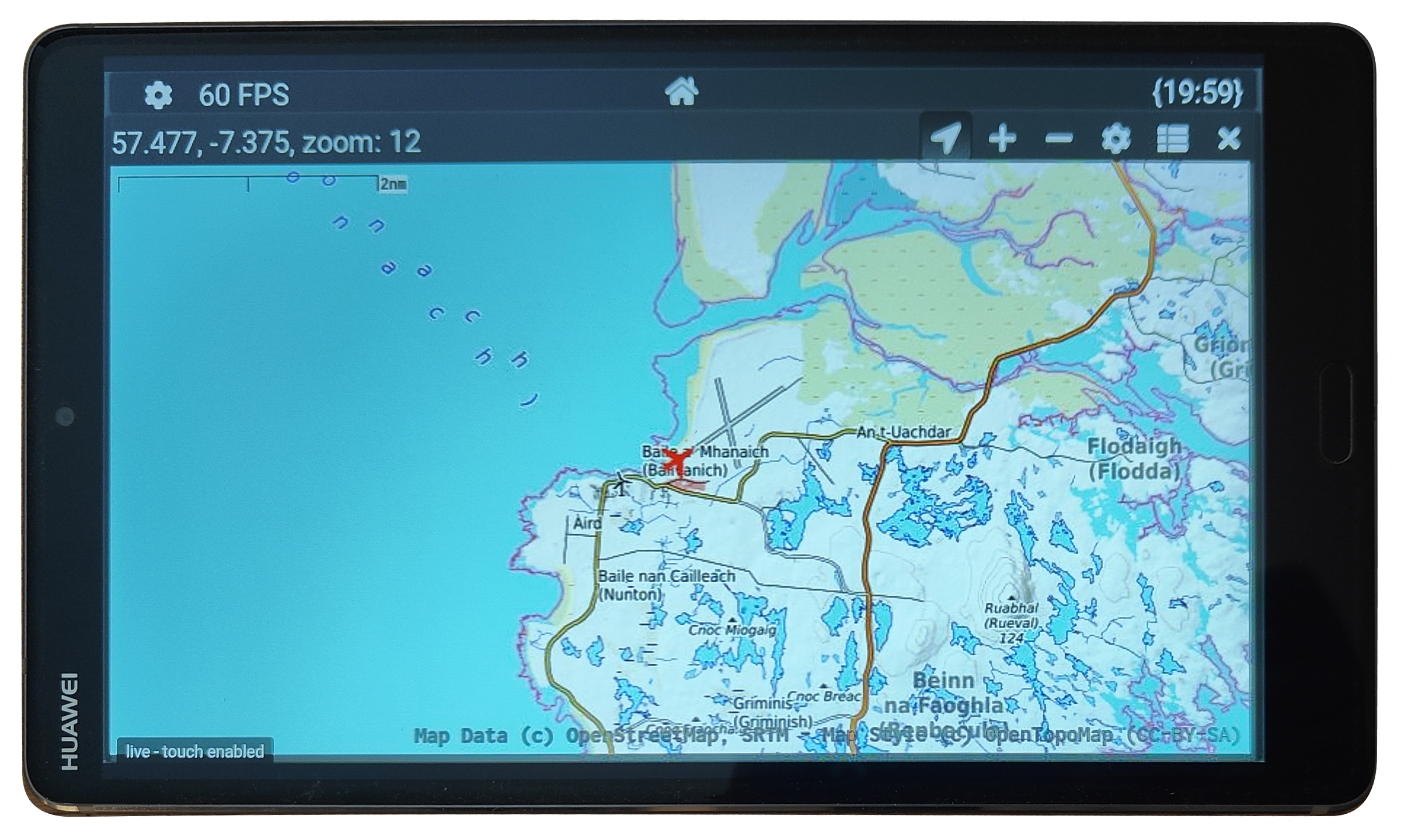 Real tablet photograph showing AviTab’s moving map through Remote AviTab, with map-provider attribution intact