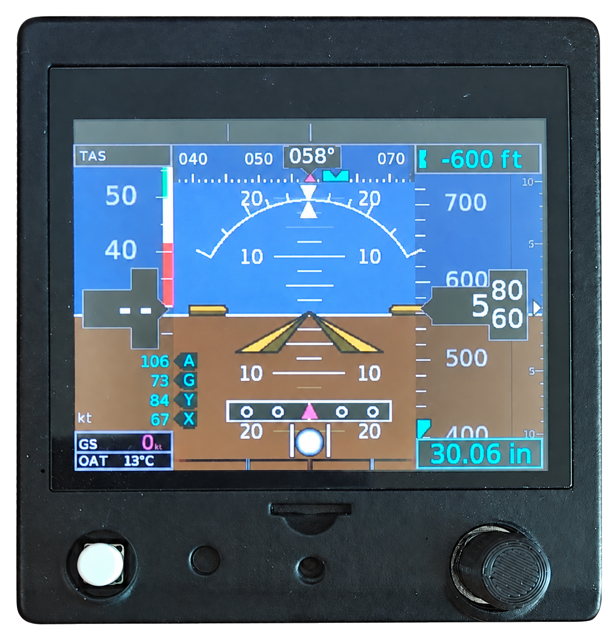 Actual FlightNovo G5 prototype showing the primary flight display